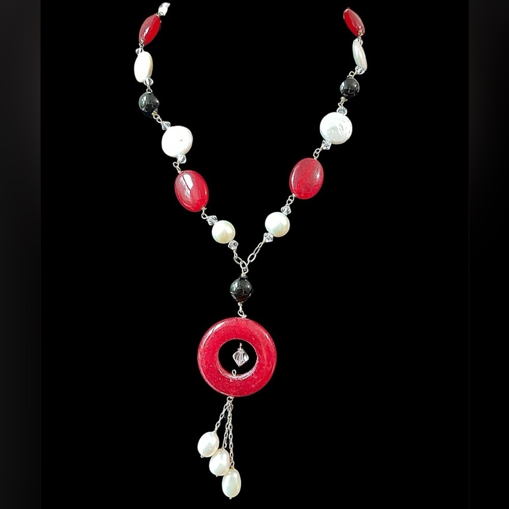 Vintage Sterling Silver Freshwater Pearl Carnelian Gemstone Necklace